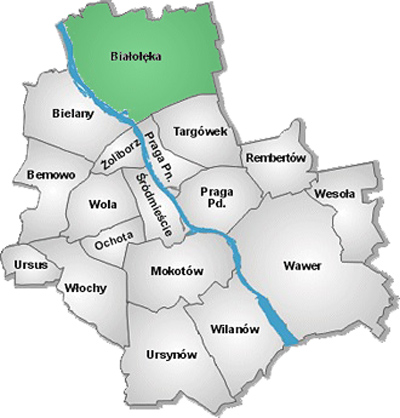 Mapka Warszawy: Białołęka, Bemowo, Bielany, Żoliborz,<br> Praga Południe